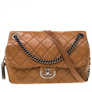 Pre Owned Chanel Brown Quilted Wild Stitch Leather Easy Flap Bag