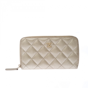 Chanel Gold Quilted Leather Zip Around Wallet
