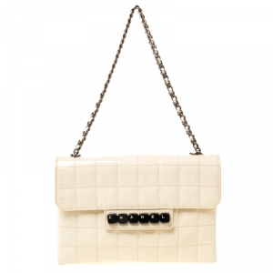 Pre Owned Chanel Cream Chocolate Bar Quilted Patent Leather Keyboard Flap Bag