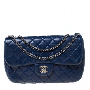 Pre Owned Chanel Blue Quilted Beaded Leather Small Flap Bag 