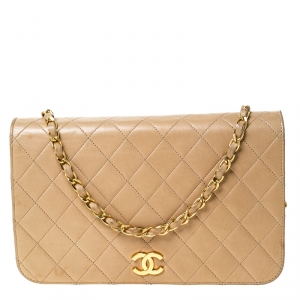 Pre Owned Chanel Beige Quilted Leather Vintage Flap Bag