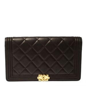 Chanel Dark Grey Quilted Leather Boy Flap Long Wallet