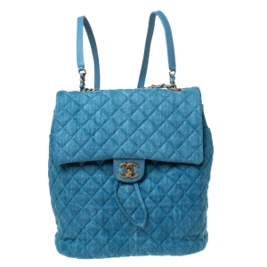 Pre Owned Chanel Blue Quilted Denim Large Urban Spirit Backpack 