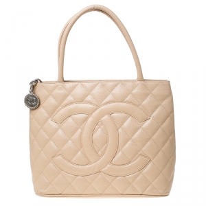 Pre Owned Chanel Beige Quilted Caviar Leather Medallion Tote 