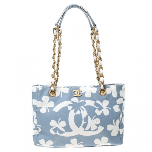 Pre Owned Chanel Blue/White CC Floral Print Canvas Chain Tote 