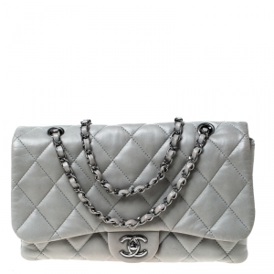 Chanel Grey Quilted Leather Medium Classic Flap 3 Shoulder Bag