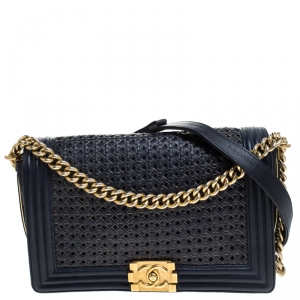 مملوكة مسبقًا Chanel Blue/Gold Woven Leather New Medium Boy Flap Bag