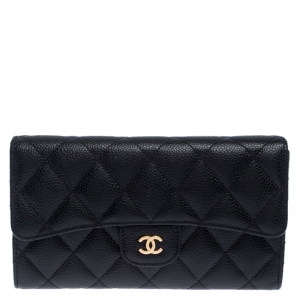 Pre Owned Chanel Black Quilted Leather Classic L Flap Wallet