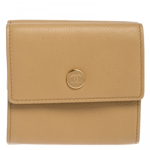 Chanel Beige Caviar Leather CC Logo Trifold Wallet