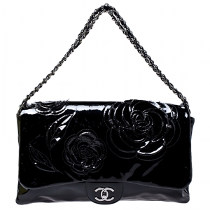 Pre Owned Chanel Black Patent Leather Camellia Flap Shoulder Bag