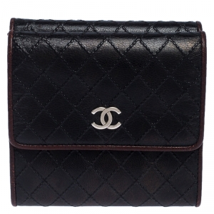 Chanel Black/Burgundy Leather Diamond Stitch French Wallet