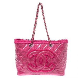 Pre Owned Chanel Fuchsia Quilted Vinyl And Tweed Funny Tote