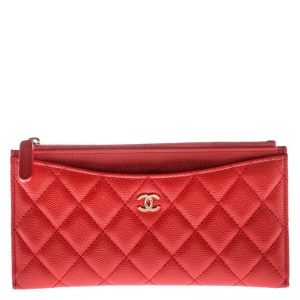 Chanel Orange Quilted Leather Classic Top Zip Wallet