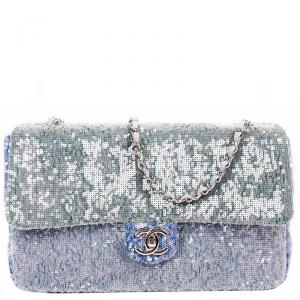 Pre Owned Chanel Blue Sequin Medium Waterfall Sequin Flap Bag