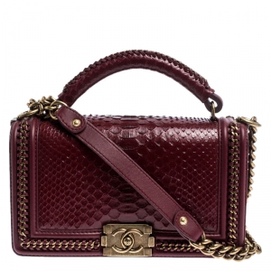 Pre Owned  Chanel Maroon Python Medium Boy Flap Top Handle Bag