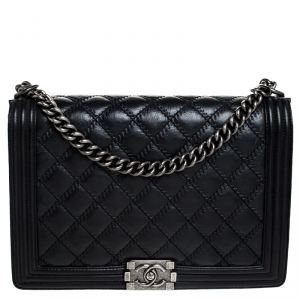 Pre Owned حقيبة شانيل لارج قلاب بوي جلد خروف مبطن أسود