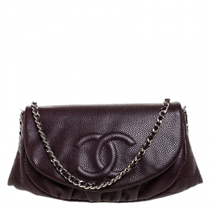 Chanel Maroon Caviar Leather Half Moon Wallet On Chain