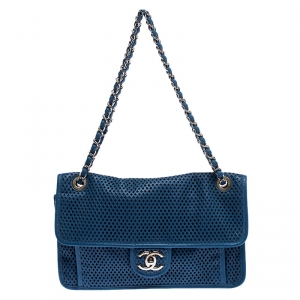 Pre Owned Chanel Blue Perforated Leather Up in the Air Flap Shoulder Bag