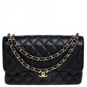 Pre Owned Chanel Black Quilted Caviar Leather Jumbo Classic Double Flap Bag