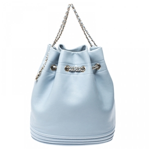 Pre Owned Chanel Light Blue Leather Chain Bucket Bag