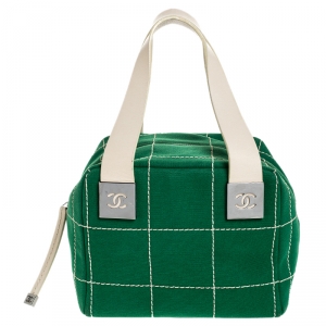 Pre Owned Chanel Green Chocolate Bar Stitch Canvas Boston Bag