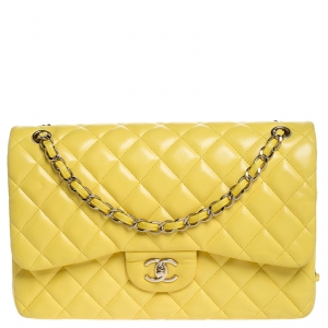 Pre Owned Chanel Yellow Quilted Leather Jumbo Classic Double Flap Bag