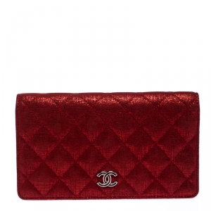 Chanel Red Quilted Lame Fabric Yen Bifold Wallet