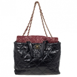 Chanel Black Glazed Distressed Leather Burgundy Lambskin Portobello Large Tote Bag