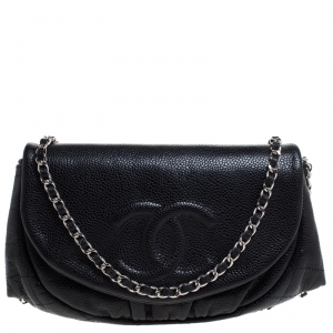 Chanel Black Quilted Caviar Leather Half Moon Wallet On Chain