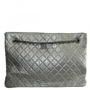 Pre Owned Chanel Grey Quited Leather Metallic Reissue Tote Bag