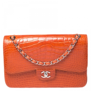 Pre Owned حقيبة شانيل قلاب مزدوج كلاسيك جامبو جلد لامع مبطنة برتقالية 