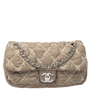 Chanel Military Green Quilted Satin Medium Tweed on Stitch Bubble Flap Shoulder Bag