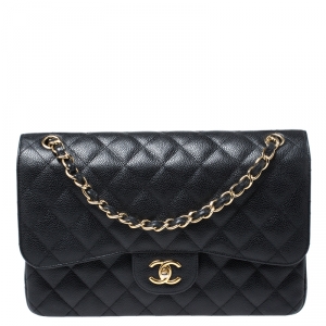 Pre Owned حقيبة شانيل جامبو كلاسيك جلد كافيار أسود مبطن بقلاب مزدوج