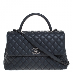 Pre Owned Chanel Grey Quilted Caviar Leather Large Quilted Coco Top Handle Bag