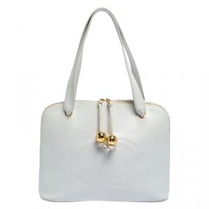 Pre Owned Chanel White Quilted Caviar Leather CC Logo Satchel