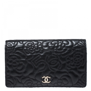 Chanel Black Camellia Embossed Leather L Yen Wallet