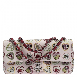 Pre Owned Chanel Multicolor Heart Printed Canvas Vintage Valentine Small Classic Single Flap Bag