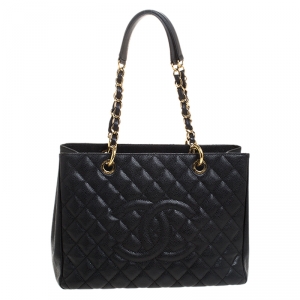 Pre Owned Chanel Black Quilted Caviar Leather Grand Shopper Tote