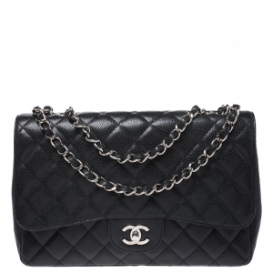 Pre Owned Chanel Black Quilted Caviar Leather Jumbo Classic Single Flap Bag