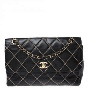 مملوكة مسبقًا Chanel Black Quilted Leather Wild Stitch Surpique Flap Bag