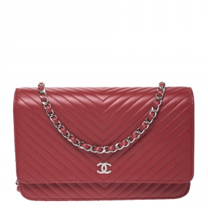 Chanel Red Chevron Leather Classic WOC Clutch Bag