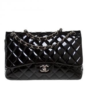مملوكة مسبقًا Chanel Black Quilted Patent Leather Jumbo Classic Double Flap Bag