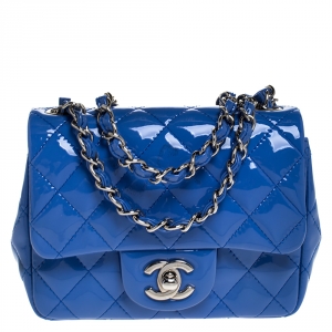 Pre Owned Chanel Blue Quilted Patent Leather Mini Classic Flap Bag