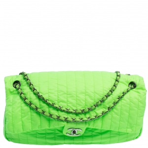 Pre Owned Chanel Neon Green Vertical Quilted Nylon Flap Bag