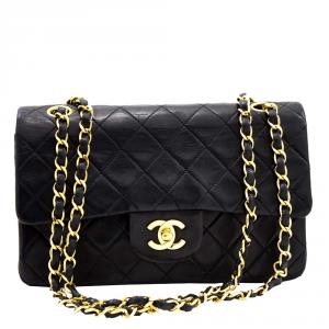 Pre Owned Chanel Black Lambskin Leather Double Flap Chain Shoulder Bag 