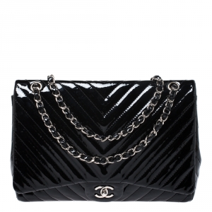 Pre Owned Chanel Black Chevron Patent Leather Maxi Classic Single Flap Bag