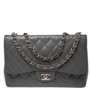 مملوكة مسبقًا حقيبة شانيل "جامبو كلاسيك" قلاب واحد جلد كافيار مبطن رصاصي