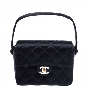 Pre Owned Chanel Black Quilted Satin Top Handle Bag
