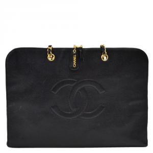 Pre Owned Chanel Black Caviar Leather Flat Shoulder Bag/ Document Case