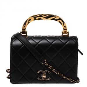 Pre Owned Chanel Black Quilted Leather Enamel Top Handle Bag